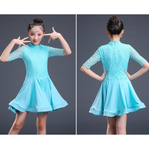 Girls latin dance dresses mint lace competition stage performance professional salsa rumba chacha dance dresses